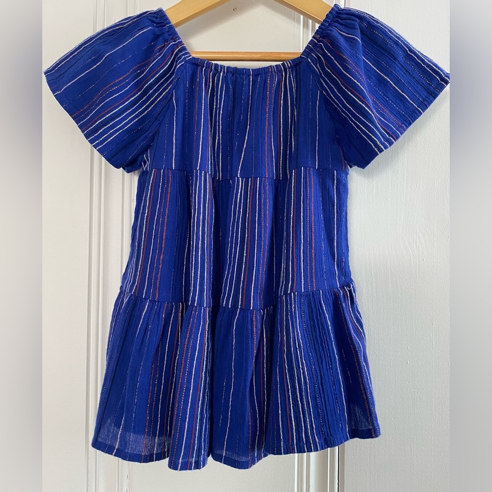Baby gap toddler 4th of July style blue shiny shimmery striped tiered dress